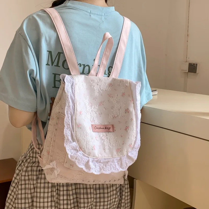 

Sweet Lace Composite Cloth Backpack for Women New Versatile Girl Fresh Schoolbag for Students Class Backpack