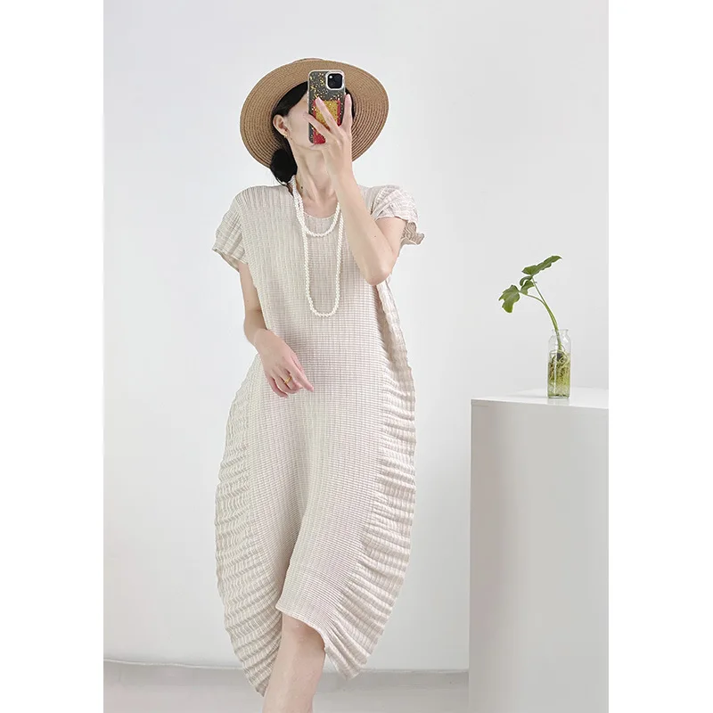 

Miyake Summer Casual Irregular Women's Pleated Dress 2025 New Profile Loose Round Collar Short Sleeve Black Dresses