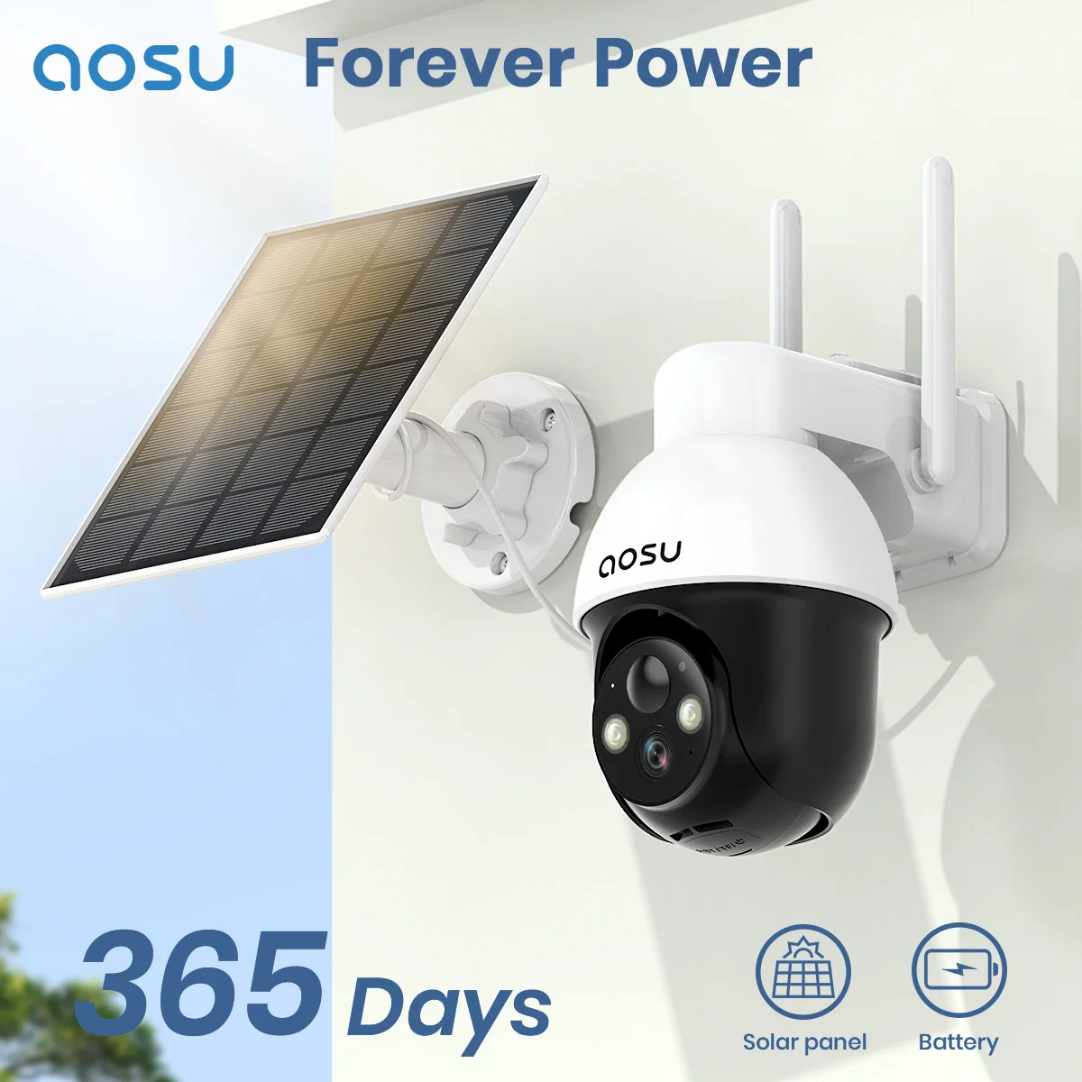 AOSU 3MP PTZ Solar WiFi Camera 5000mAH Battery Wireless Security Camera PIR Detection 2-Way Audio Outdoor CCTV Camera