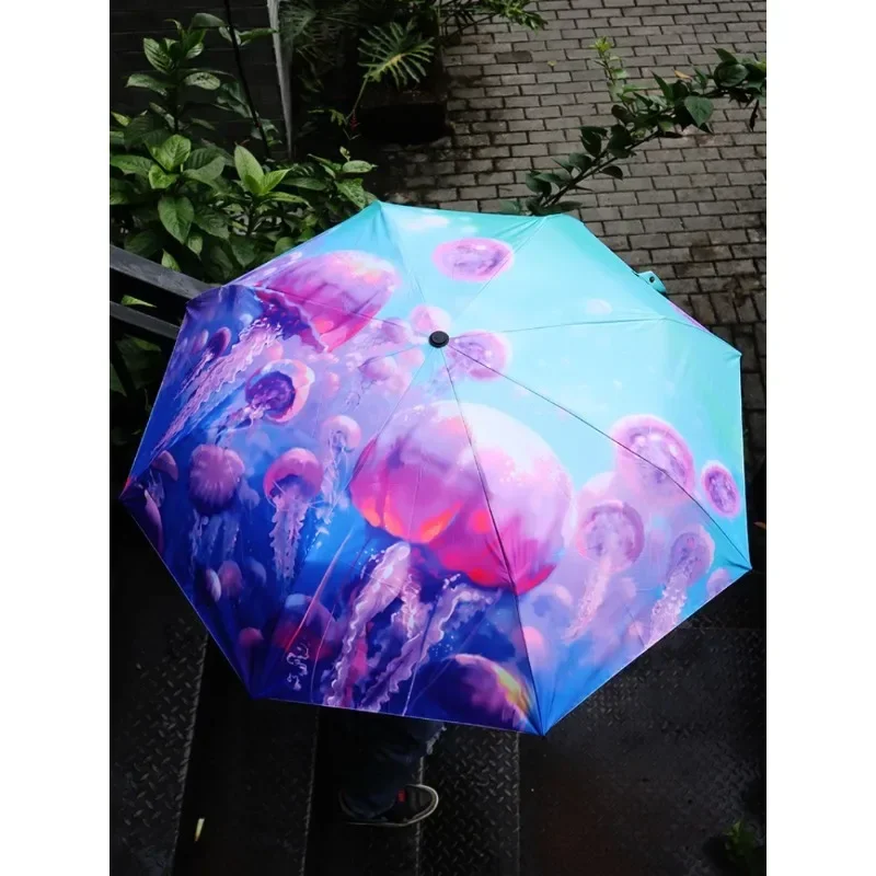 Vinyl Sun Protective UV-Proof Marine Jellyfish Umbrella Ultra-Light Three-Fold Dual-Use Sun Umbrella for Sunny and Rainy