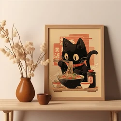 Pósteres de fideos japoneses de gato negro, divertidos fideos Ramen, arte de pared de cocina, impresiones, imágenes de pintura para restaurante, decoración del hogar