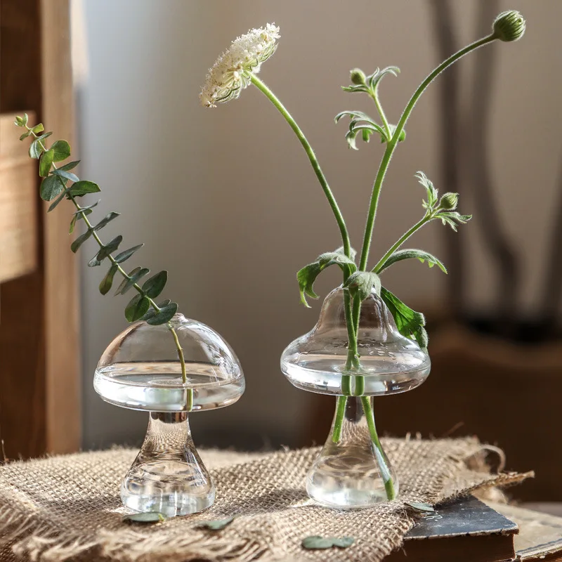 Mushroom Shaped Glass Vase Hydroponics Plant Vase Creative Glass Crafts Living Room Glass Vase Plant Flower Decor for Home