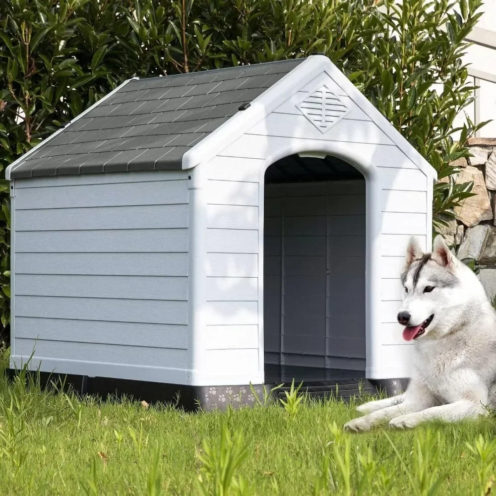 Durable Plastic Outdoor Dog House, Weather & Water Resistant with Air Vents and Elevated Floor