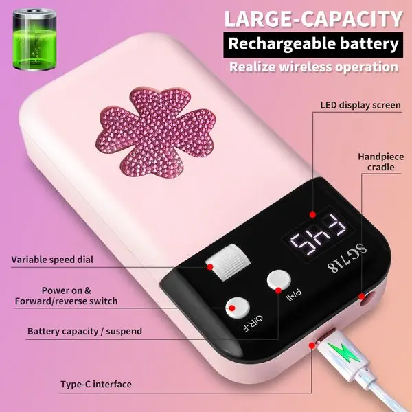 Portable Nail Drill 45000RPM Rechargeable E-File with Bits for Acrylic Gel Nails