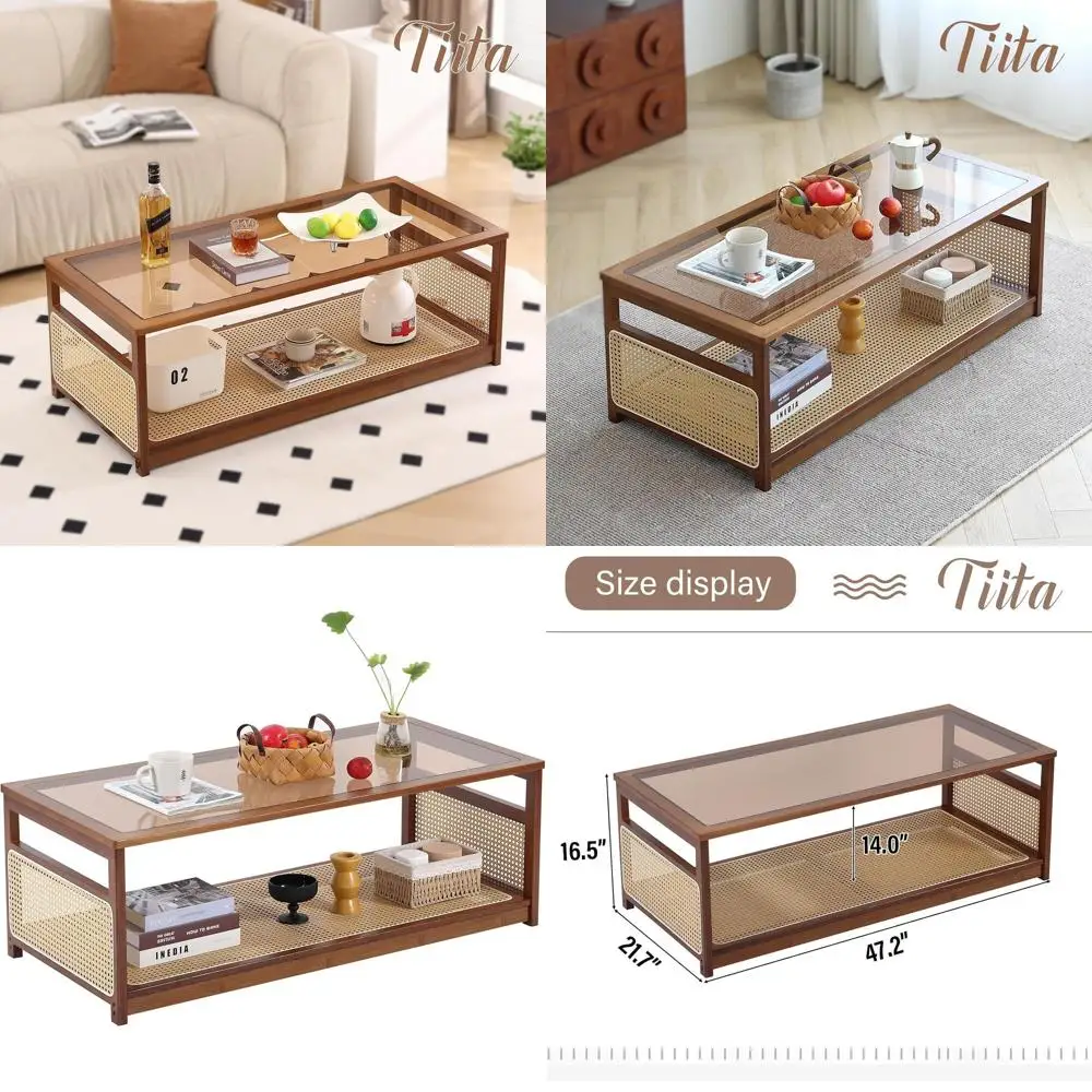 

Mid-Century Modern 2-Tier Storage Coffee Table in Brown for Large Living Room and Apartment