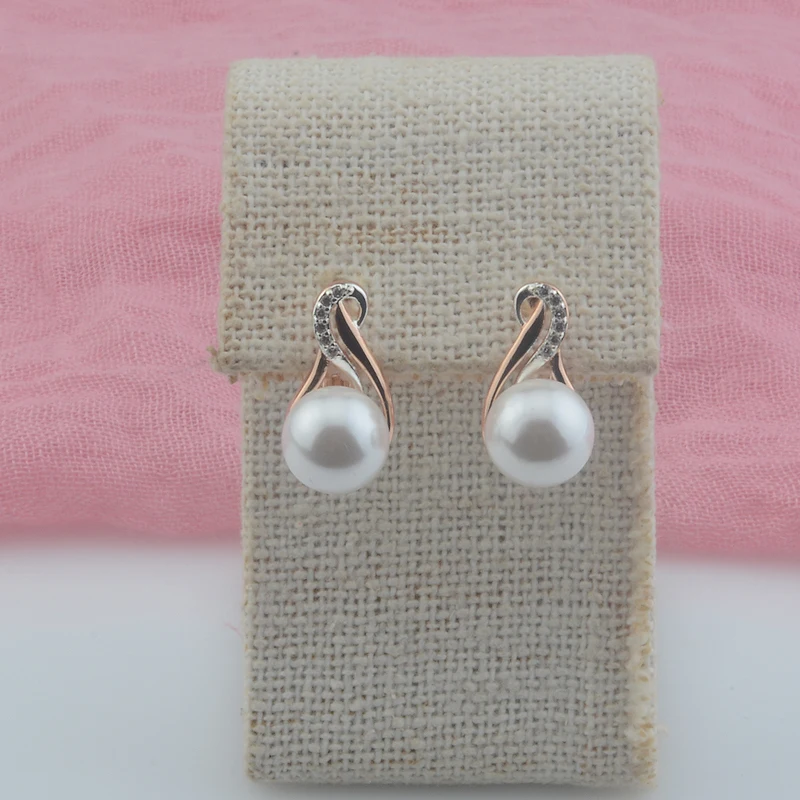 FJ New Simulated Pearl Round White Patterned Women 585 Rose Gold Color Ball Earrings