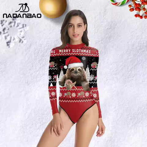 Nadanbao Christmas Holiday Party Funny Bodysuit Swimsuit Women Slim One Piece Swimwear Female Long Sleeve Surfing Beachwear