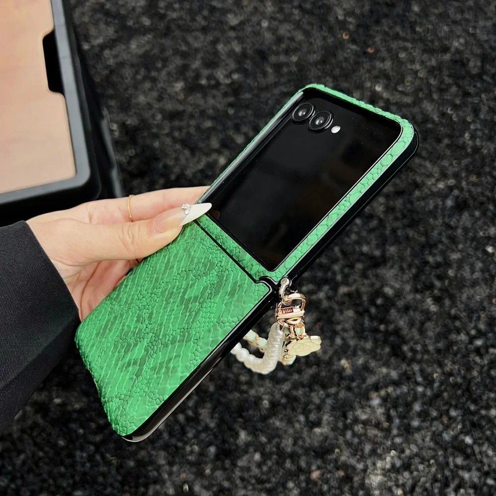 Luxurious Snake Texture Leather Phone Case for Samsung Galaxy Z Flip 7 6 5 4 Zflip7 Pearl Flower Bracelet Strap Back Cover Funda view 4