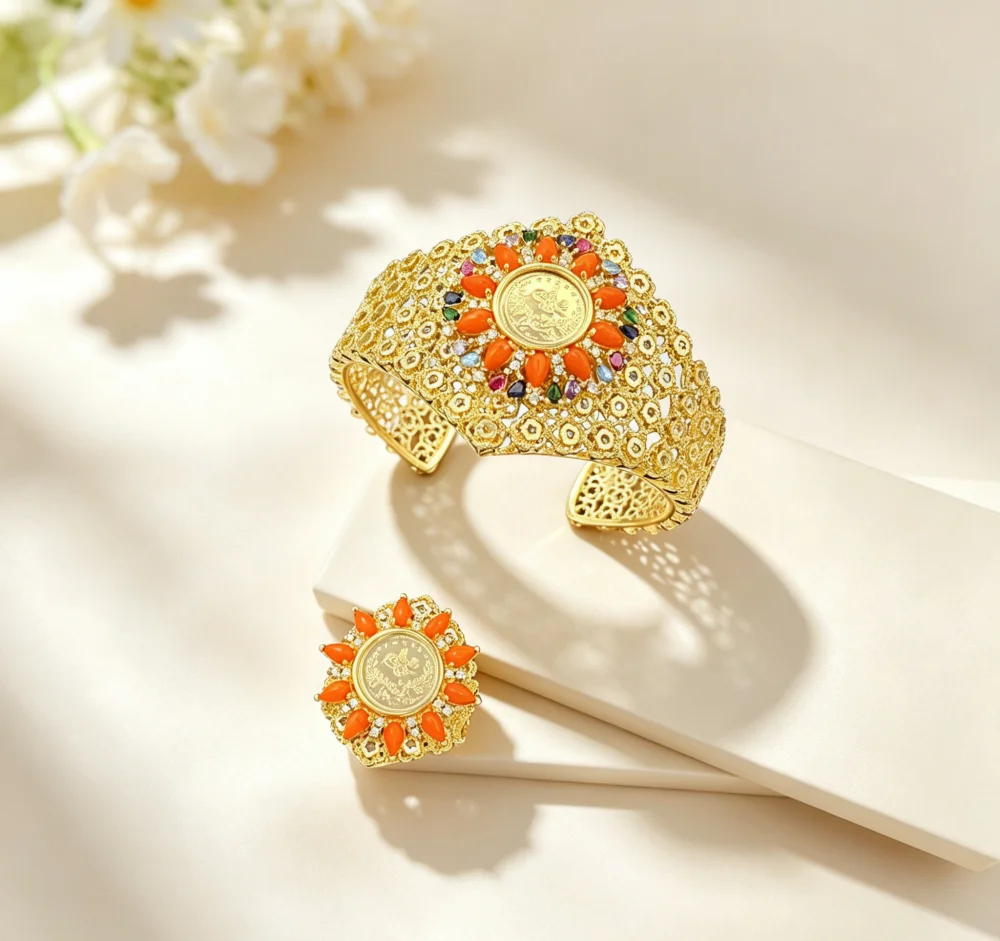 JRH Gold Plated Copper CZ Open Bracelet And Ring Set for Elegant Sparkling Women Jewelry Gift with Free Box