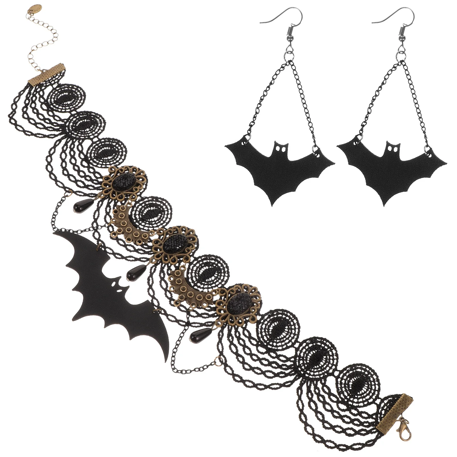 

Halloween Necklace Earrings Set Lace Bat Pendant Decorative Jewelry for Masquerade Festival Necklace Earrings Set