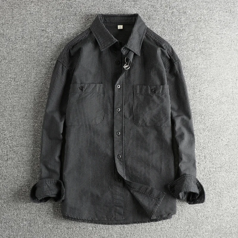 Autumn Artistic Striped Long Sleeve Shirt For Men Simple Double Pocket Button Down Shirts Casual Loose Versatile Workwear Shirt