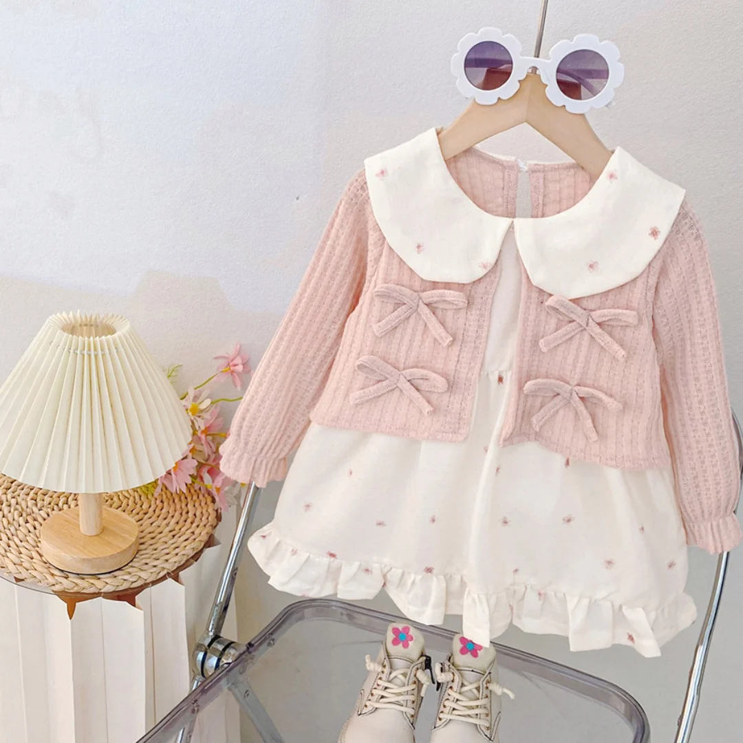 طفلة ملابس الربيع والخريف القوس دمية طوق وهمية قطعتين طويلة الأكمام الفتيات فستان لطيف بسيط طفلة فستان #2