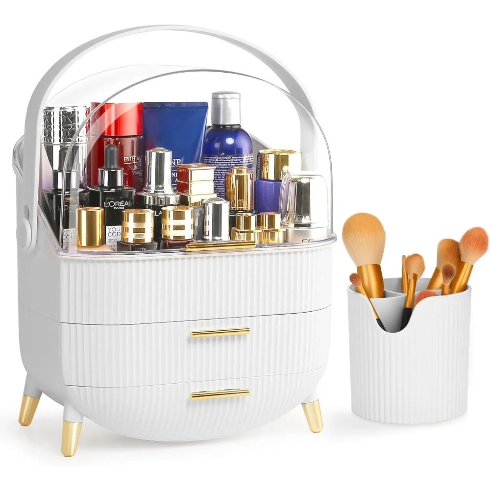 Makeup Organizer, Skincare Organizers w/Brush Holder, Cosmetics Organizer with Drawers, Waterproof & Dustproof for Vanity