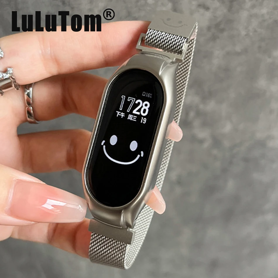 Strap For Xiaomi Mi Band 8 7 Watch Band For Miband 5/6/4/3 Cartoon Laser Engraving Pattern Stainless Steel Magnetic Wristband