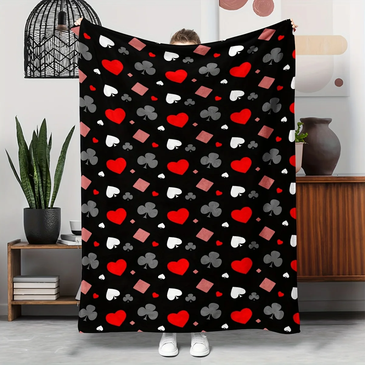 1pc Playing card pattern blanket, polyester fabric, machine washable, suitable for bedroom and sofa use.