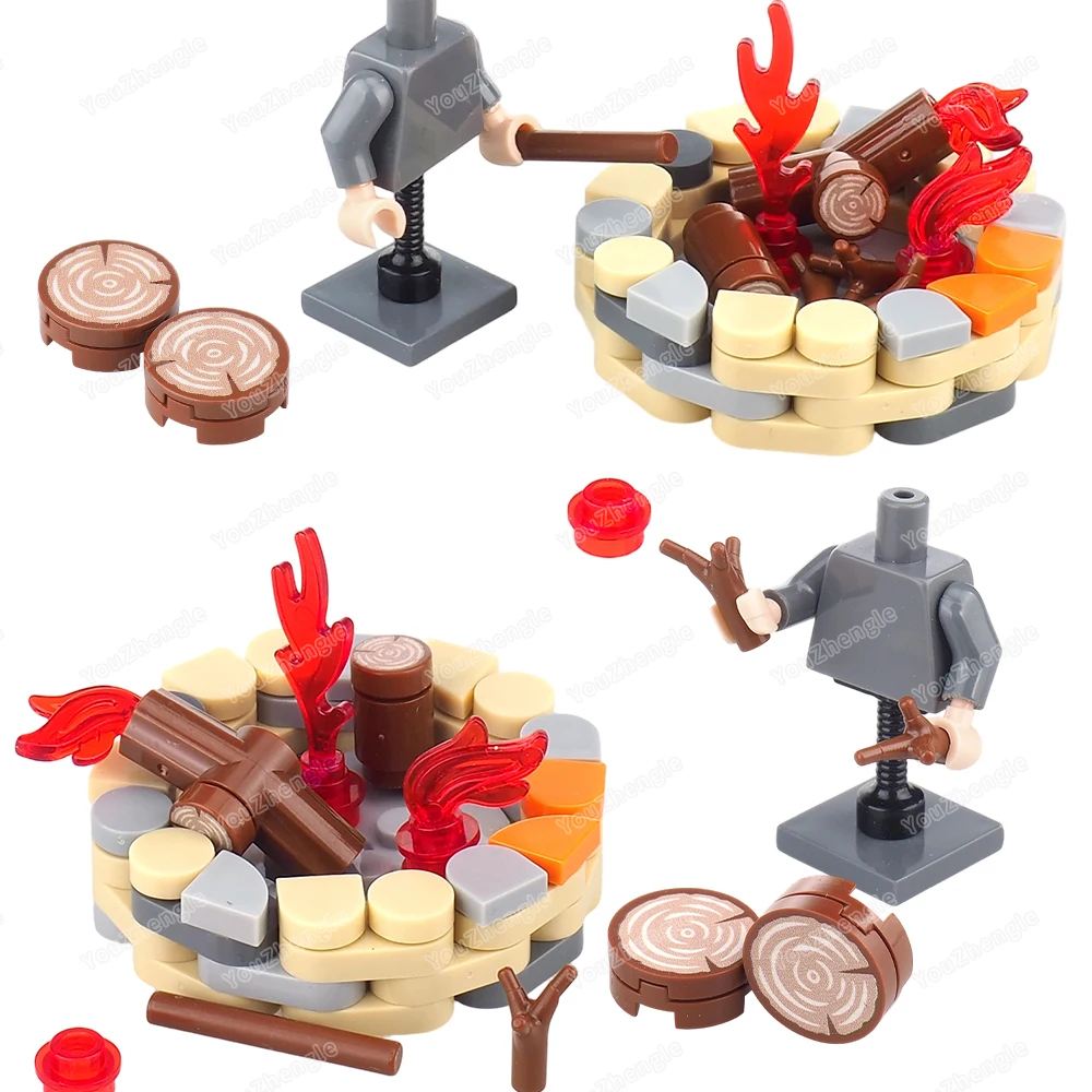 Houtgestookte stapel bouwsteen montage MOC figuren overleving met houten palen apparatuur scènemodellen plaats geschenken doe-het-zelf speelgoed