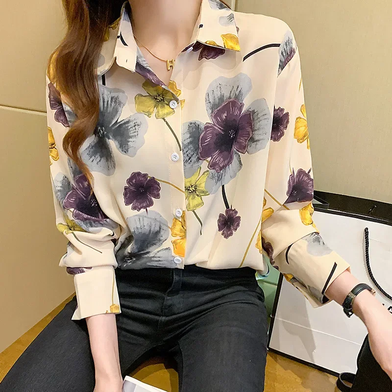 

Flower Print Fashion Korean Style Lady Shirt Casual Long Sleeve for Women Blouse Top