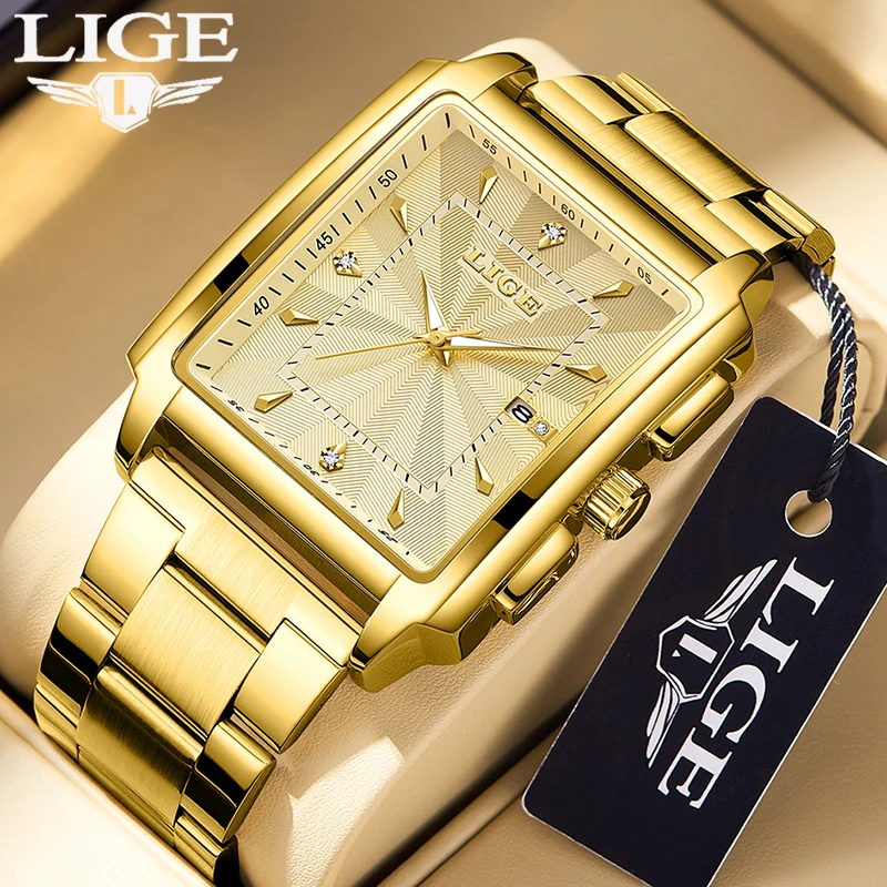 

LIGE fashion square men's watch calendar waterproof luminous men sports watches quartz wristwatch casual luxury Man watch reloj