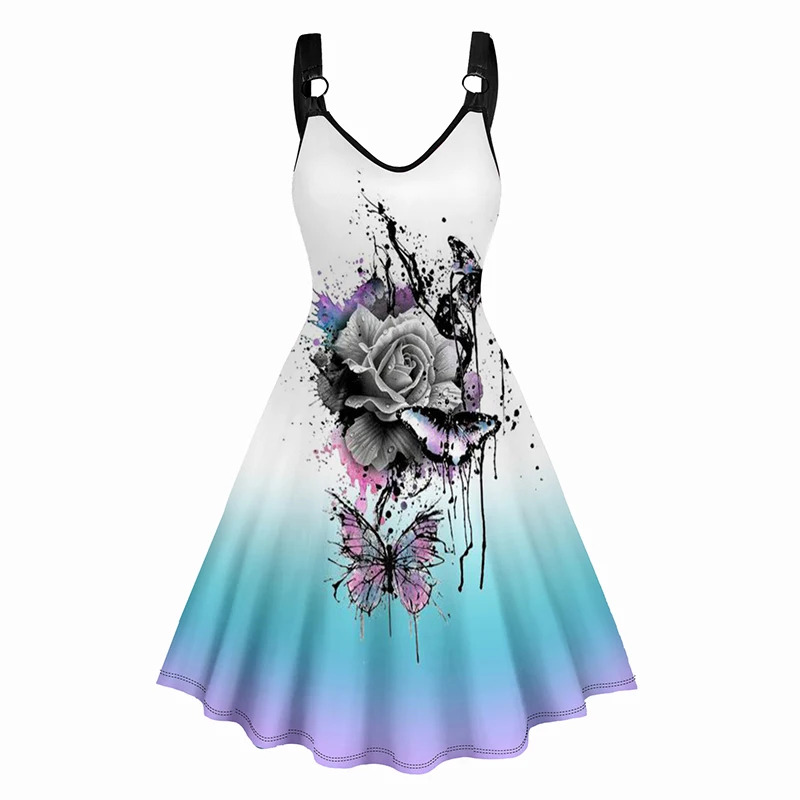 Dressfo 2024 Women's Summer Dresses Skull Rose Print V Neck Sleeveless Summer Cami Dress Halloween Sundress