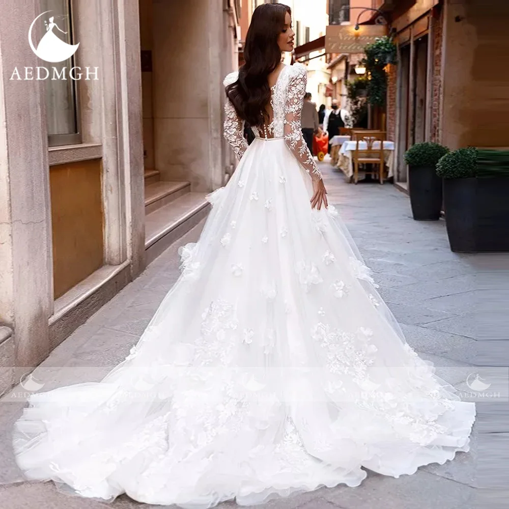 Aedmgh A-Line Romantic Wedding Dresses V-Neck Long Sleeve Illusion Vestido De Novia Appliques 3D Flowers Custom Made Bridal Gown