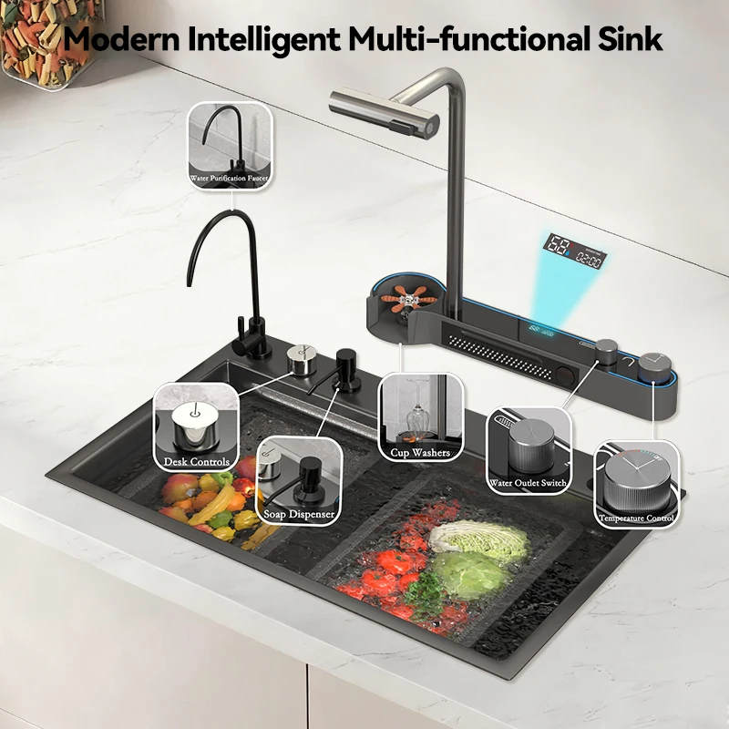 

Кухонная мойка из нержавеющей стали 304 с одной чашей, многофункциональная, с LED-дисплеем, нано-черная