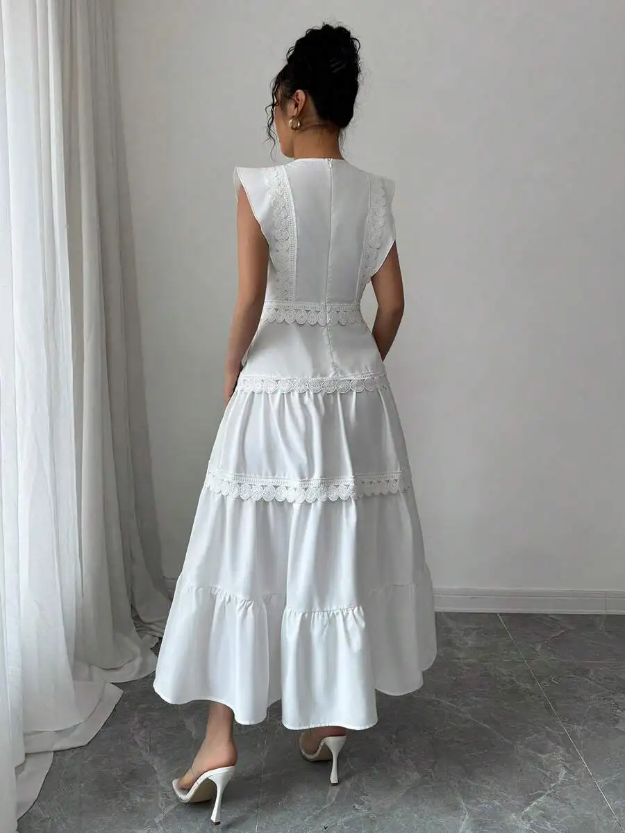

White Sleeveless Round Neck Midi Dress With Tiered Ruffles And Water-Soluble Floral Lace Trim