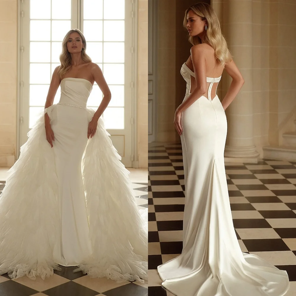 

Customized White Jersey Bridal Gowns Elegant Strapless Sleeveless Wedding Dresses Chapel Train Zipper Back Mermaid Dress