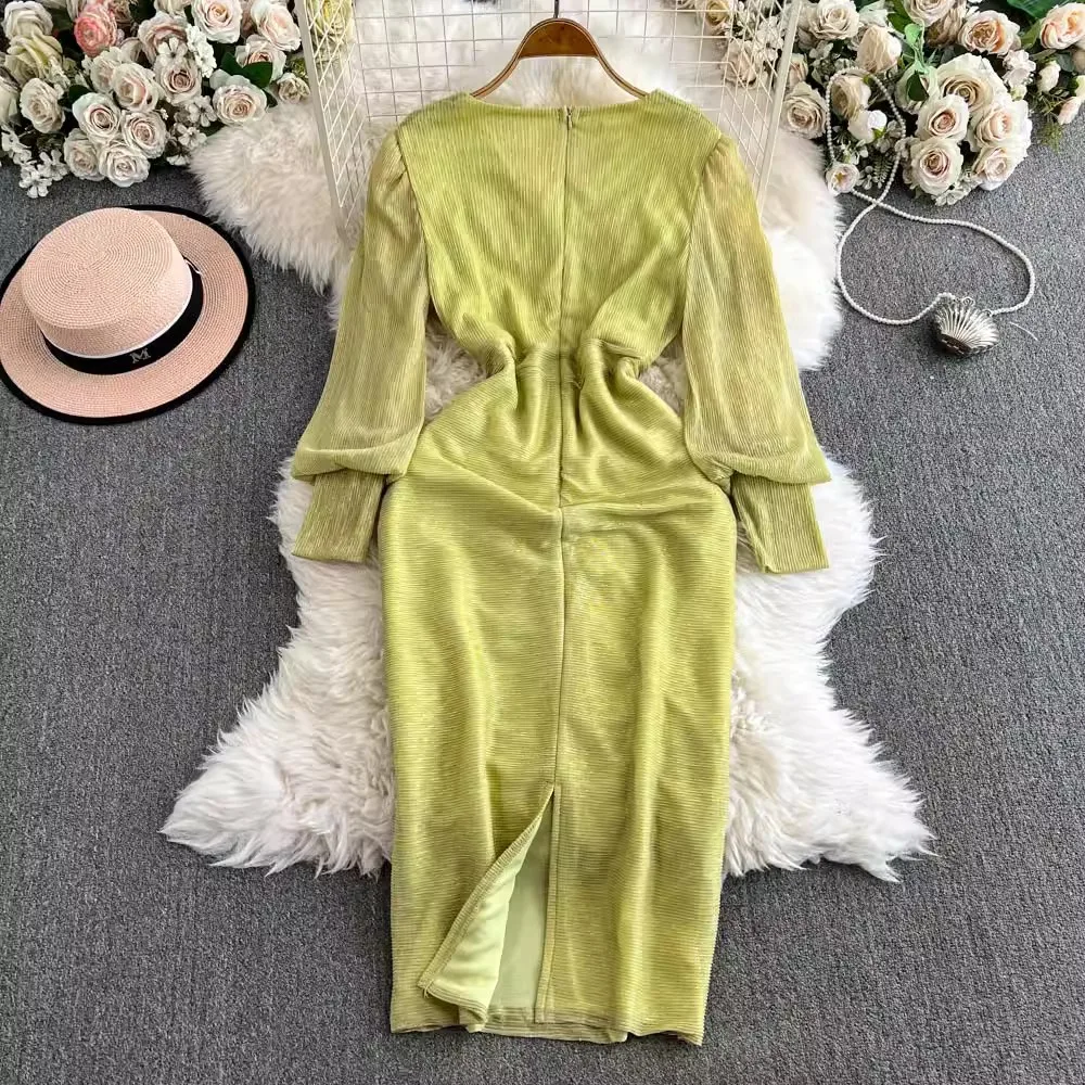 Green Elegant Shirring Dress Women Lantern Sleeve V-neck Streetwear Dresses Bodycon Evening Party Business Clothing Lady