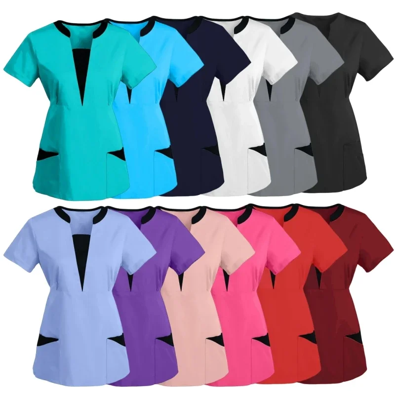 Quality Elastic High Operating Room Spa Women Medical Uniform Top Short Sleeve Nurse Doctor Tops Jogger Pants Scrubs Top