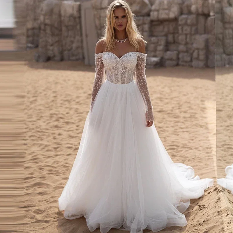 

Luxuriousruffled Organza With Beading Wedding Dress A-Line Floor Length Ball Gown Full Sleeve Sweetheart V-Neck Bridal Dress