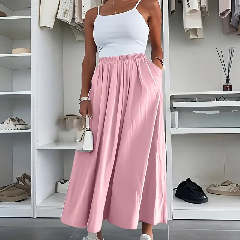 

Spring Elegant Elastic Waist Loose Half Skirt Women Fashion Hight Waist Solid Color Long Skirt 2025 Casual Summer A-Line Skirts