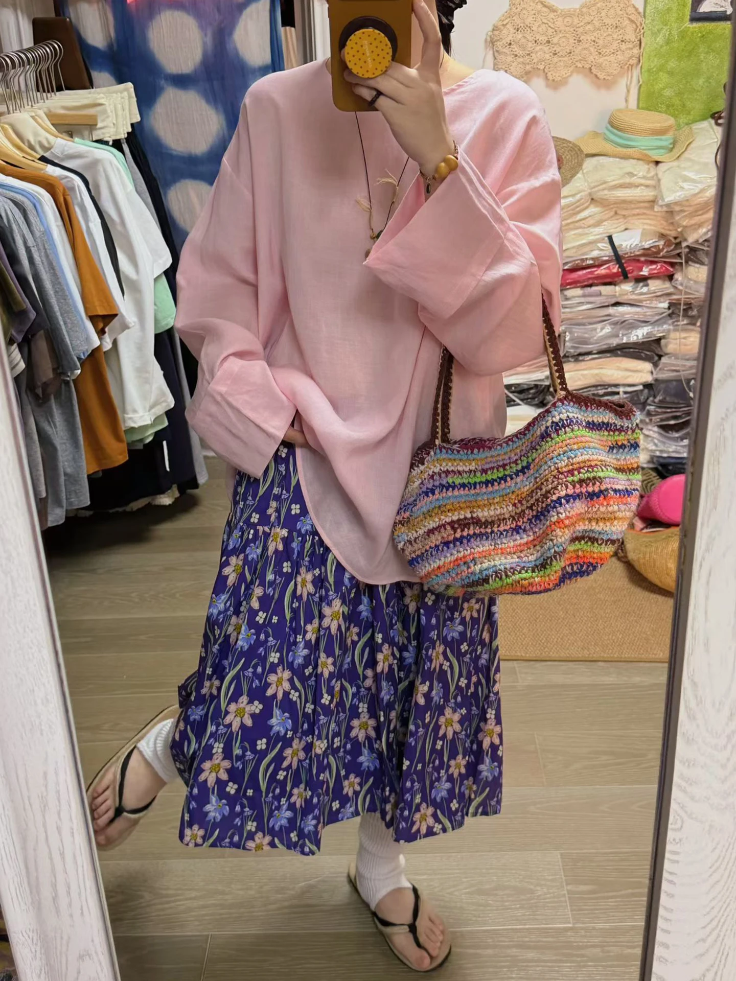 

Summer Vintage Loose Fit Midi Skirt Elastic Waist Pure Cotton Floral Print plus Size Women's Black Purple Half-length Skirt