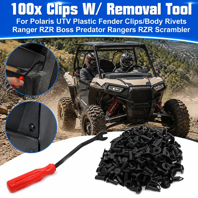 100x Clips W/ Removal Tool For Polaris UTV Plastic Fender Clips/Body Rivets Ranger RZR Boss Predator Rangers RZR Scrambler