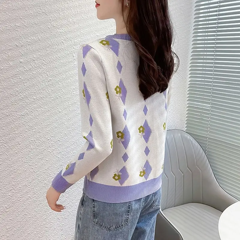 Women's Clothing V-Neck Contrast Color Floral Long Sleeve Plaid Pullover Sweater Screw Thread Spring Autumn Flattering Tops