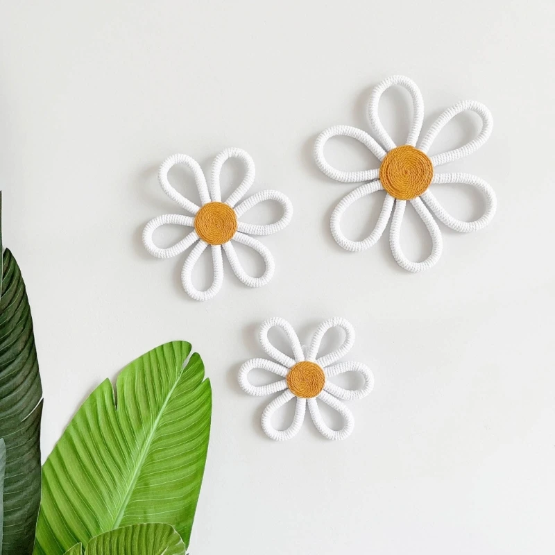 Colgante de pared de flores de macramé hecho a mano, tapiz de girasol bohemio tejido de algodón, decoración nórdica para habitación de Bebé y Niño