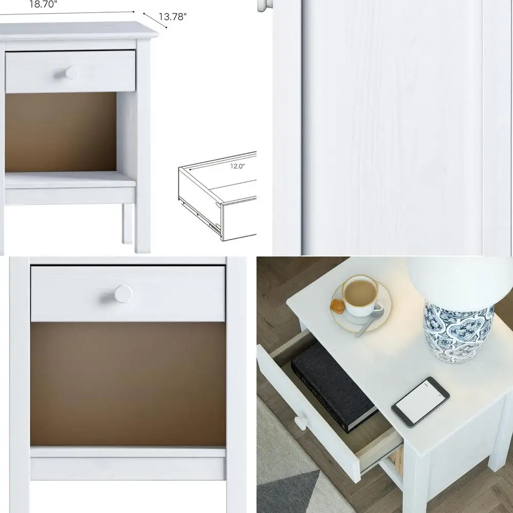 

White Wooden Nightstand with Storage Drawer for Bedroom, Compact Side Table Organizer