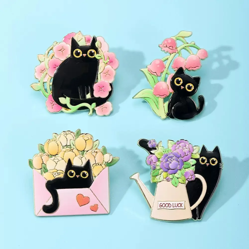 4-piece cat floral set: fresh and cute black cat envelope, clothing, hat, backpack, brooch, badge accessories, gift
