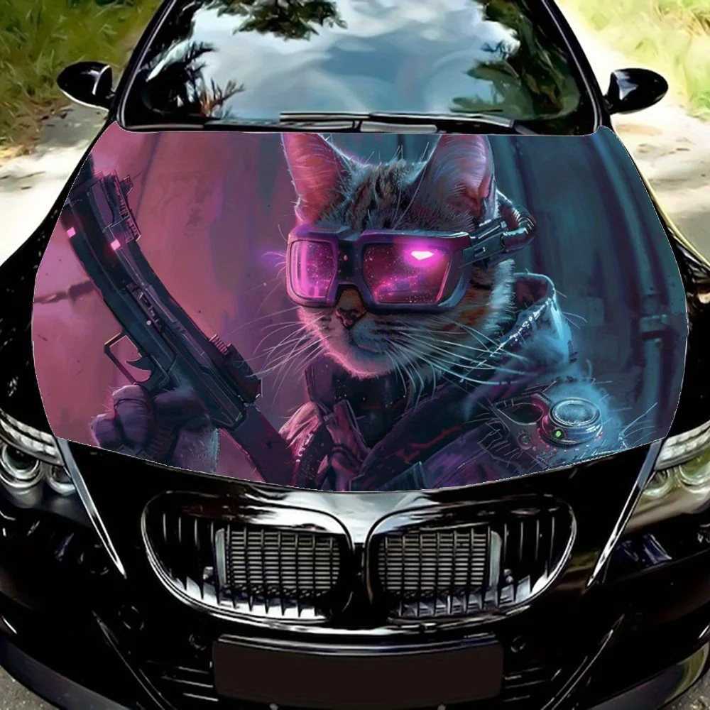 

Gun Wielding Cyberpunk Cat Car Hood Decal Sticker, Car Vinyl Wraps Suitable for Most Vehicles,Auto Engine Hood Protect Film Gift