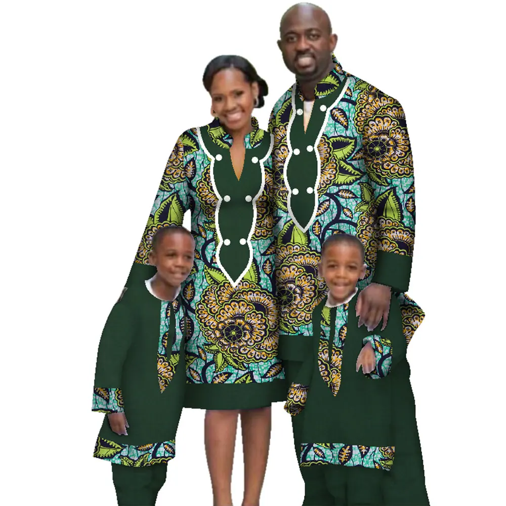 Casual Family Matching Clothes Father Mother Son Long Sleeve Men Top and Pants Sets Women Dress African Print Clothing WYQ117