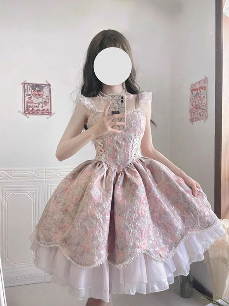 Pink Purple Flying Sleeve Jacquard Lolita Dress Jsk Cute