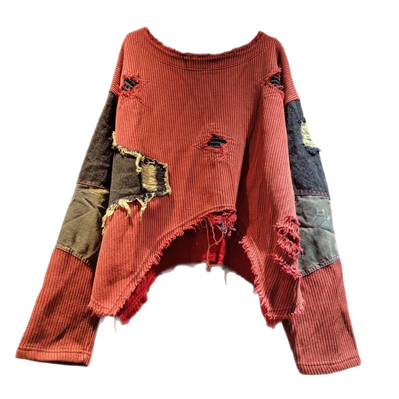 WTHT 패션 신상 여성용 불규칙 패치워크 홀 루즈 스웨터 2025 가을 트렌디 O넥 긴팔 풀오버 여성용 1LS2564