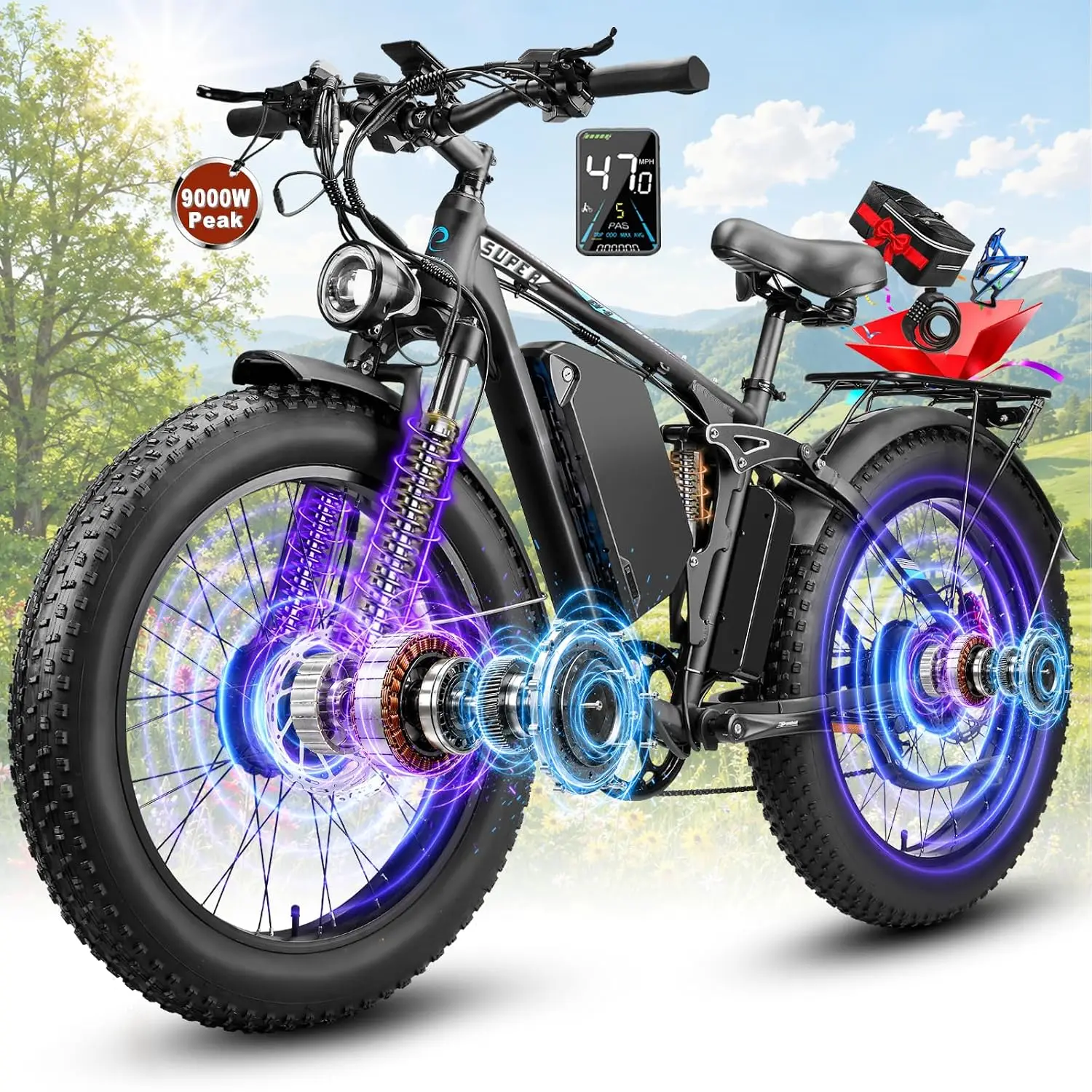9000W Dual Motor E-Bike 58V 36Ah 105 Miles 47MPH Full Suspension 24 inch Fat Tire Off-Road Adults, Customized