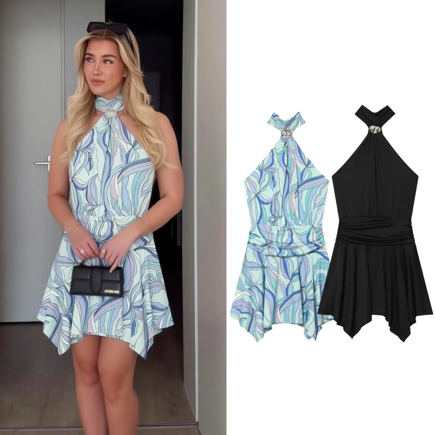 

Women Sexy Printed Halter Mini Dress Female Chic Summer Backless Slim Dress Lady High Street Elegant Beach Holiday Party Dresses