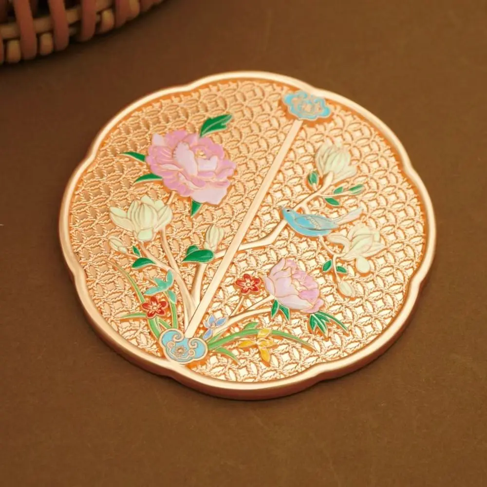 Portable Vintage Chinese Style Mirror 3D Flower Exquisite Handle Makeup Mirror Makeup Tool Sweet Round Vanity Mirror Makeup