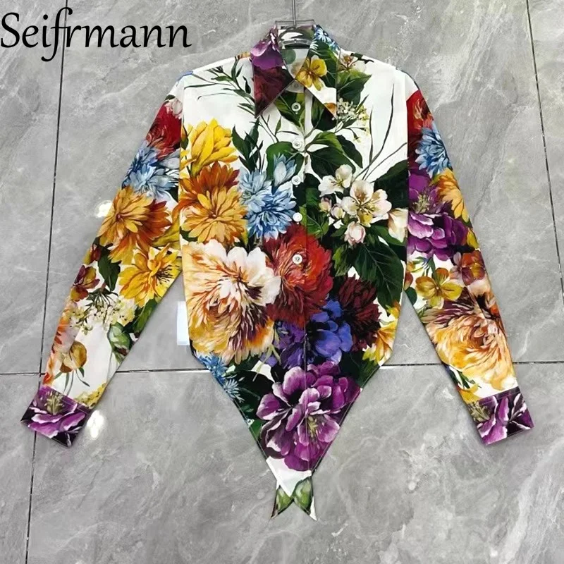 Seifrmann Fashion design Abito da donna Colletto rovesciato Top monopetto a maniche lunghe + Gonna a pieghe Stampa in cotone Set da 2 pezzi