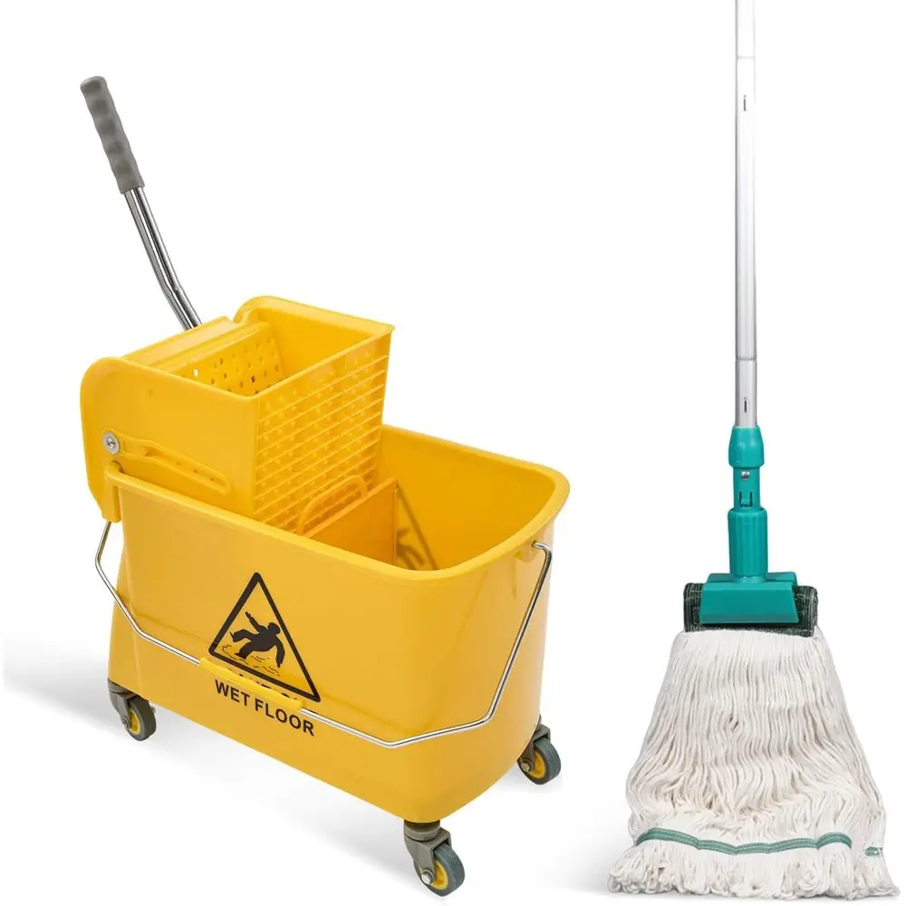 

22 Qt Mop Bucket with Wringer, Handle, Wheels, 16.5 x 10.6 x 26.4, Yellow, Includes Loop-end String Mop