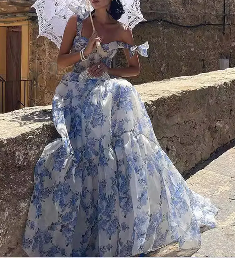 Abito lungo elegante da donna sexy estivo senza maniche con scollo a V Abito elegante da spiaggia con fasciatura Boho Abiti maxi da sera floreali