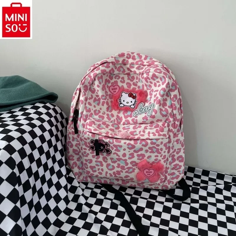 Miniso 2024 Nieuwe Roze Luipaard Cartoon Anime Hello Kitty Rits Student Casual Grote Capaciteit Mode Rugzak