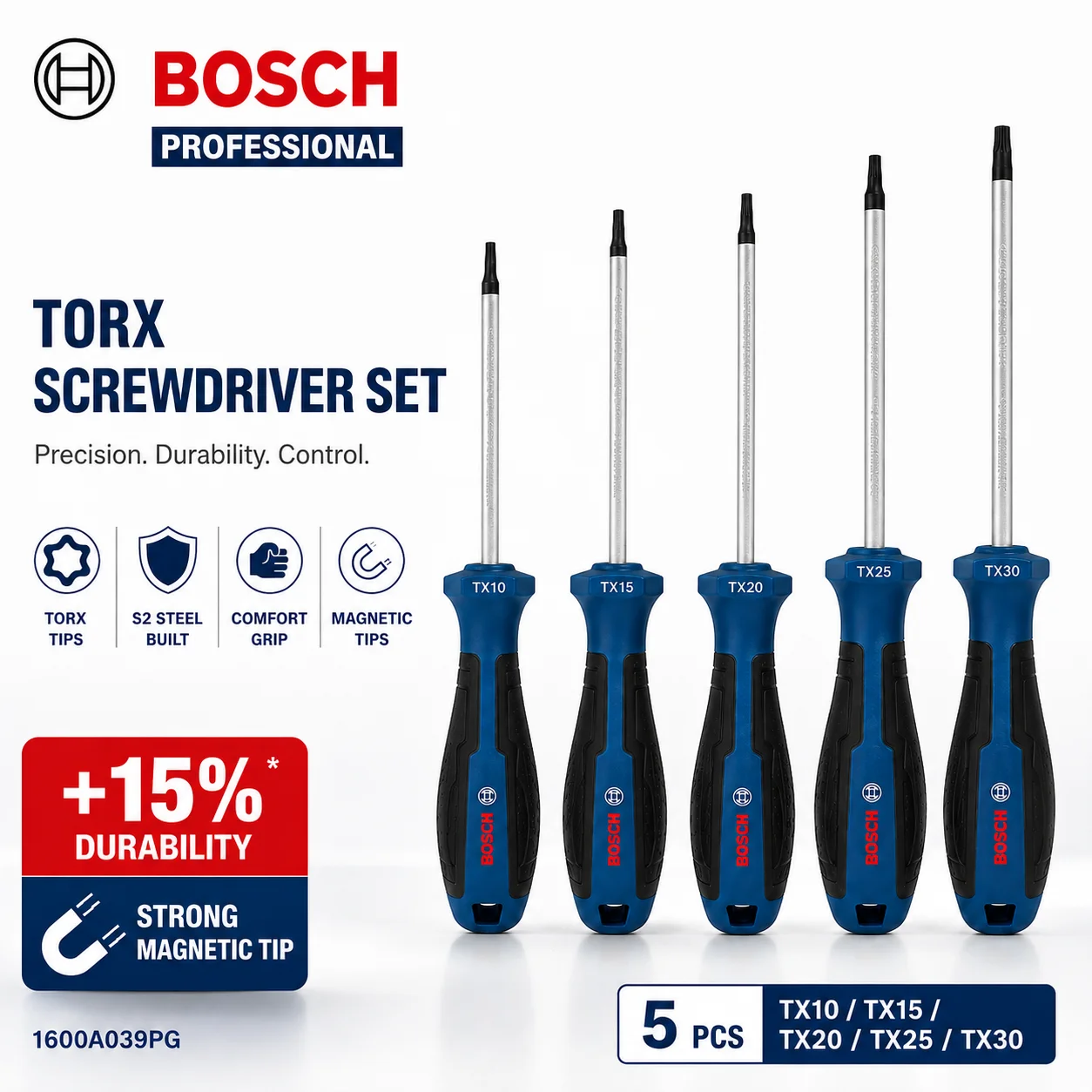 BOSCH 5Pcs Torx Screwdriver Set TX10 TX15 TX20 TX25 TX30 CrV Steel Star Screwdrivers Hand Tool for Repair Maintenance DIY