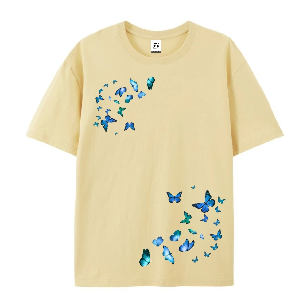 

Unisex Beige T - Shirt, Double - Sided Print, Front Blue Butterflies, Back Blue Flowers, Casual Loose Short - Sleeve Top